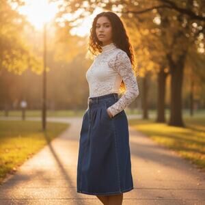 Vintage High Waist Denim Midi Skirt Pleats Bareback Pockets Sz 16 Grunge Y2K 80'